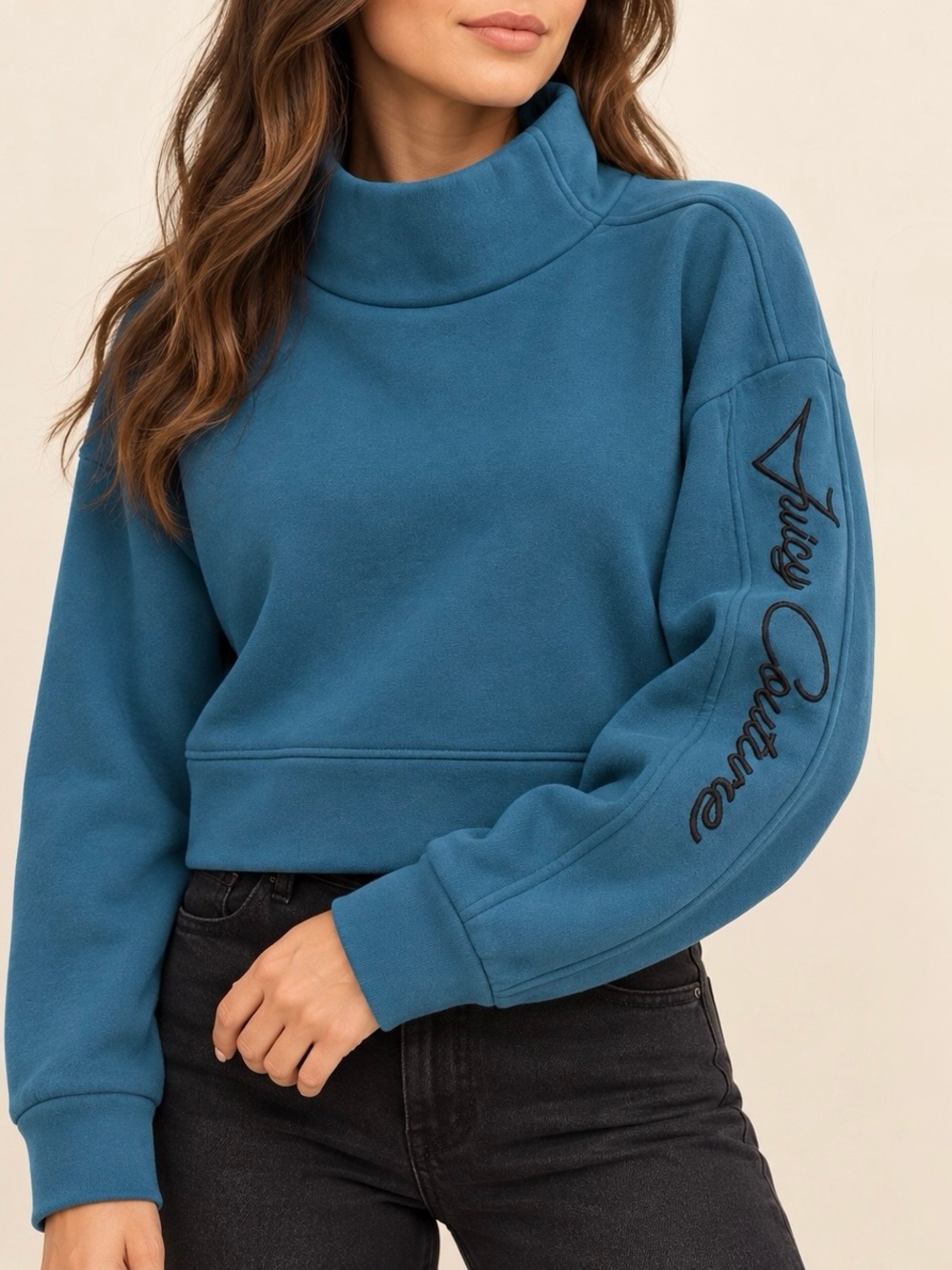 Juicy Couture Bermuda Sky Embroidered Funnel Neck Cropped Sweatshirt Y2K M